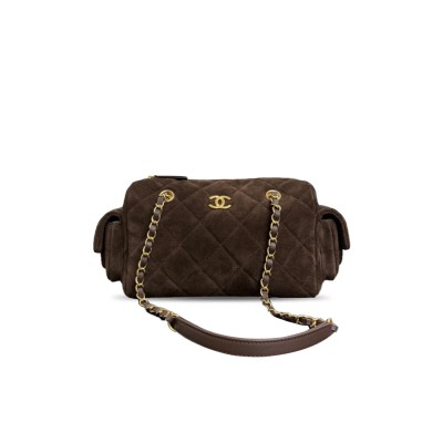 CHANEL SMALL BOWLING BAG DARK BROWN SUEDE ANTIQUE GOLD HARDWARE (24*15.5*11.5cm)